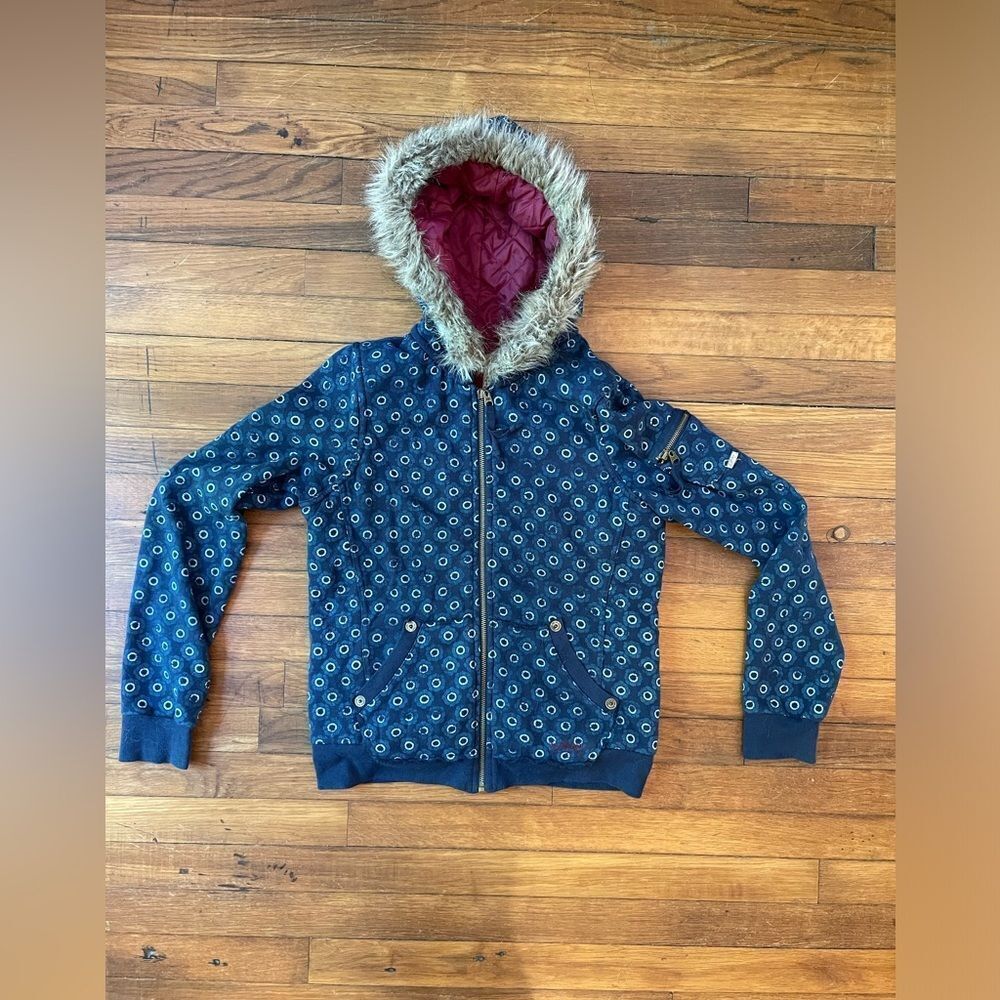 BILLABONG medium blue floral insulated faux fur hoodie zip up sweatshirt